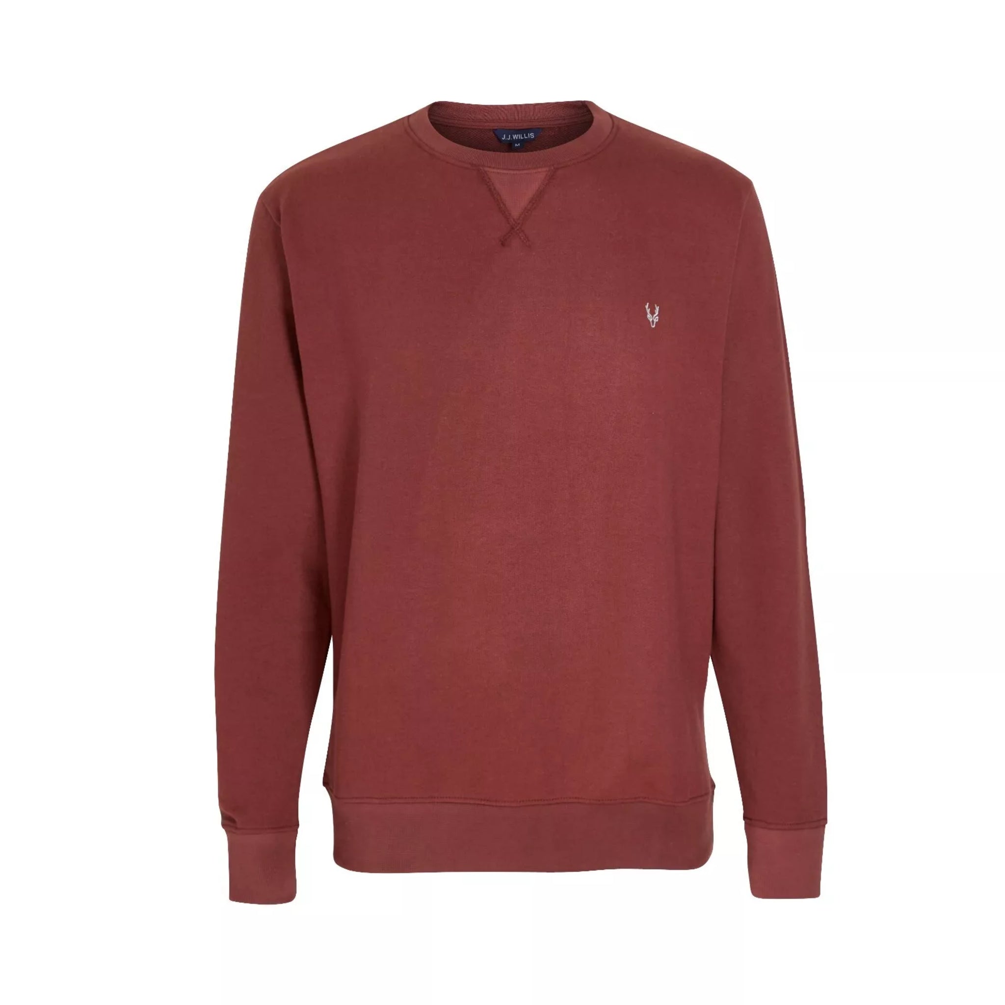 Men's classic crew neck sweatshirt jumper in burgundy with long sleeves and minimalist embroidered chest logo